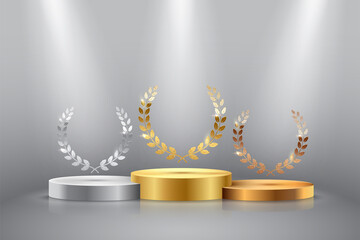 Winner background with golden, silver and bronze laurel wreaths with ribbons on round pedestal isolated on gray background. Vector winner podium sports symbols. - obrazy, fototapety, plakaty