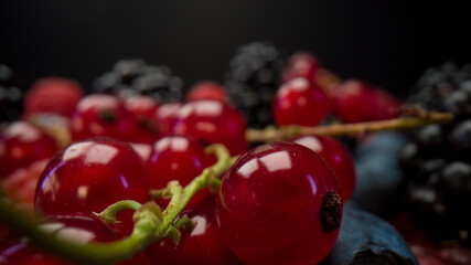Close up view of fresh berries. Raspberries, blackberries, blueberries and red currant on black background. Tasty looking organic fruits covered with dew.