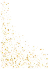 Gold stars background, Flying stars glitter backdrop, Christmas sparkling lights confetti isolated on white. magic shining sparkle vector border.
