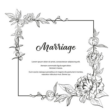 Square frame made with black and white peony flowers leaves. Mockup for template with text example for greeting card