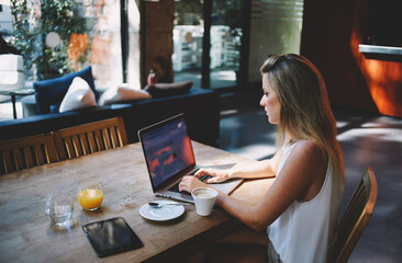 Portrait of blonde woman keyboarding something on net-book while sitting at the wooden table in cafe, female student working on laptop computer with copy space screen background for your text message