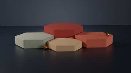 multiple pentagonal podium with gold sphere on a dark blue background. Backdrop design for product promotion. 3d rendering