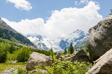 Morteratsch, Morteratschgletscher, Gletscher, Gletscherpfad, Gletscherweg,  Piz Bernina, Bellavista,  Bernina, Berninatal, Berninapass, Engadin, Alpen, Graubünden, Sommer, Klimawandel, Schweiz
