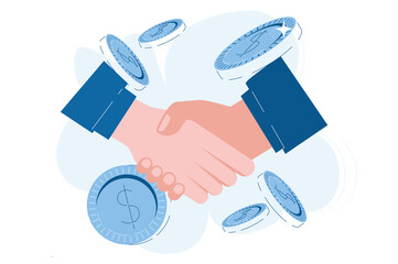 Handshake,  successful partnership, money coin, vector illustration for web banner, infographics, mobile. 