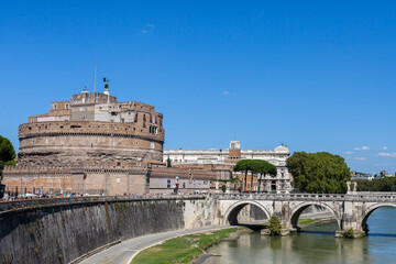 ROME, ITALY - 2014 AUGUST 18. Castel Sant Angelo and Tiber River.
