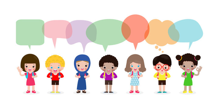 Cute Kids With Speech Bubbles, Set Of Diverse Kids And Different Nationalities With Speech Bubbles Isolated On White Background, Kids Go To School With Speech Balloon, Back To School, Vector