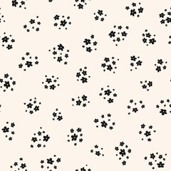 Simple vector black and white seamless pattern with small flowers. Elegant abstract floral background. Ditsy ornament. Minimal repeat design for decor, textile, fabric, wallpapers, tileable print, web