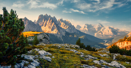 Scenic image at alps during sunrise. Incredible summer landscape. Panorama of Dolomiti, Tre Cime di...
