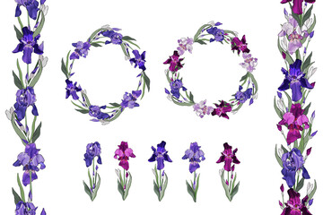 Floral set of flowers irises, round frame, seamless border. Isolated on white.Violet and purple flower for the design greeting cards, wedding invitation,textiles, wallpaper. Vector stock illustration.