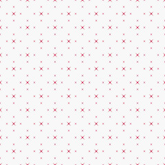 Fototapeta na wymiar Vector minimalist seamless pattern with small crosses, stars. Simple red and white geometric texture. Abstract minimal background. Subtle repeat design for decor, wallpaper, fabric, textile, prints