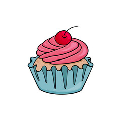 Delicious cupcake with yummy pink cream and cherry on the top. Cupcake vector illustration in colorful cartoon style in blue paper cup
