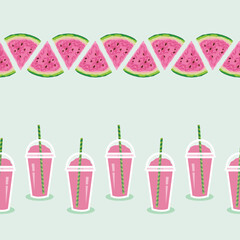 Summer Watermelon Slices and Slushy Drinks Vector Seamless Horizontal Borders Set