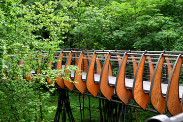 Moscow, Russia - July 2, 2020: Suspended wooden bridge Ecotrail in VDNKh park