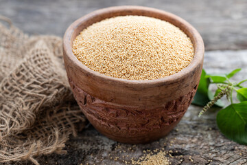 Raw Organic Amaranth Grain in a Bowl witnAmaranth plant on Rustic wooden background. Healthy colorful gluten free food concept