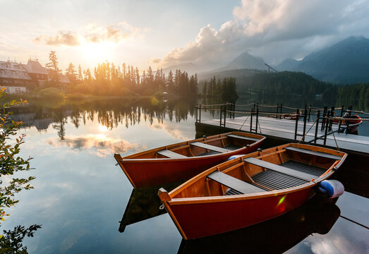 Stunning evening view on Strbske Pleso Lake during sunset with picturesque sky and traditional wooden boats on water in sunlit. Scenic image of nature landscape. Wonderful Summer Landscape. Slovakia