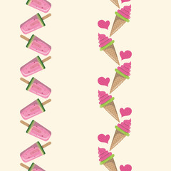 Ice Cream Cones and Popsicle Sticks Vector Seamless Vertical Borders Set