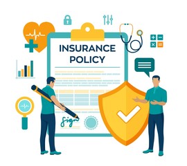 Obraz na płótnie Canvas Health insurance concept. Healthcare, finance and medical service. Insurance policy. Protection health. Care medical. Colourful flat style vector illustration with characters and icons.