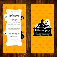 Halloween party invitation vertical banner. Flat style flyer with pattern in halloween symbols. 2 pattern in swatch. Wooden texture background.