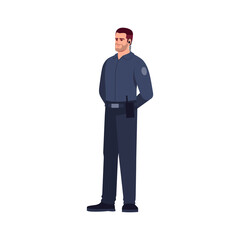 Security semi flat RGB color vector illustration. Man in dark blue uniform stand. Male enforcement agent. Patrol cop. Safeguard for bank. Police officer isolated cartoon character on white background