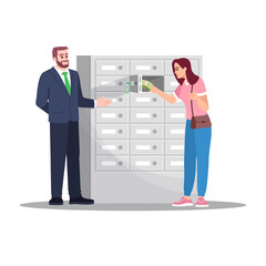Bank cell storage semi flat RGB color vector illustration. Woman put money for deposit. Bank advisor. Financial consultant with female customer isolated cartoon character on white background