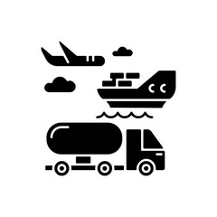 Shipping black glyph icon. Freight transportation, delivery service silhouette symbol on white space. Commercial shipment, production distribution by sea, land and air. Vector isolated illustration