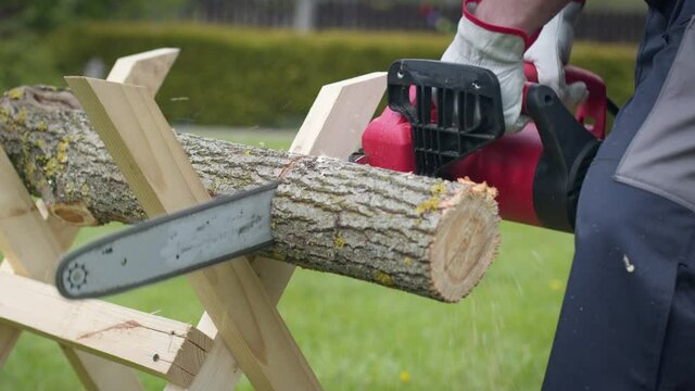 Chainsaw in action cutting wood. Woodcutter cutting tree trunk into logs with saw. Close up lumberjack sawing, saw in motion, sawdust fly to sides. Wood work, wood cutting tools, timber