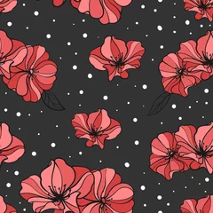 Fototapete Mohnblumen Nahtloses Muster mit roten Mohnblumen auf dunklem Hintergrund