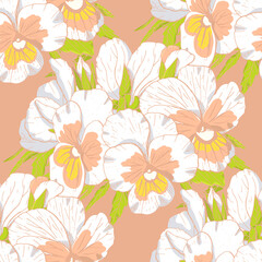 White floral seamless pattern with hand drawn pansy flowers on pink background. Stock vector
