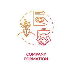 Company formation concept icon. Business partners handshake. Official document seal. Incorporation creating idea thin line illustration. Vector isolated outline RGB color drawing