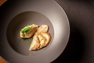 Chicken fillet or Turkey breast. Delicious homemade food. Free space for text