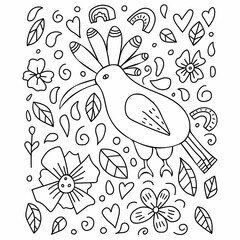 Hoopoe coloring book. Cute doodle bird character for kids, t-shirt print or poster, hand drawn outline vector illustration. Wild animal on botanical background