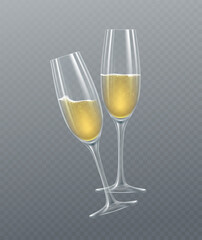 Realistic glasses of champagne isolated on a transparent background. Vector illustration