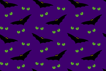 Angry bats and cat eyes seamless pattern. Halloween hand drawn illustration for fabric, textile, wallpaper, wrapping paper,  background
