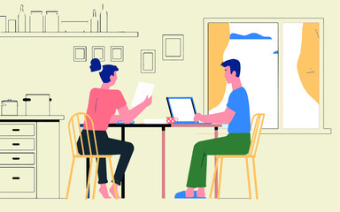 a man and a woman are sitting on a chair at the kitchen table, the man is working on the computer, the lady is looking at a document, the window in which clouds can be seen in the sky,vector,cartoon,
