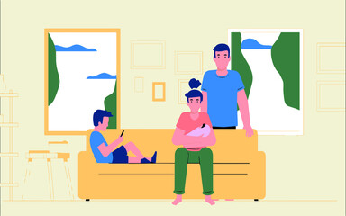 we see the inside of an apartment, the sofa on which sits a woman holding the child in her hand in the back sits a man with his hands on the sofa, a child sits on the sofa and plays on the phone.
