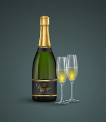 Realistic bottle and glasses of champagne isolated on a transparent background. Vector illustration - obrazy, fototapety, plakaty