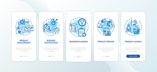 Corporate development onboarding mobile app page screen with concepts. Business plan. Product management walkthrough 5 steps graphic instructions. UI vector template with RGB color illustrations