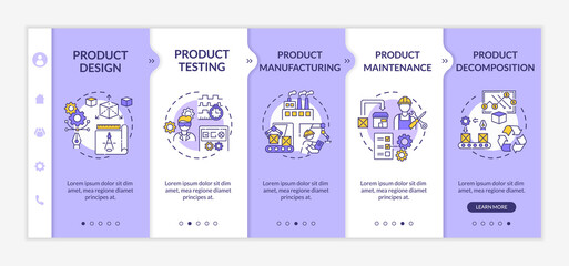 Product maintenance onboarding vector template. Technology development. Industrial production. Responsive mobile website with icons. Webpage walkthrough step screens. RGB color concept