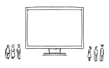 In this storyboard there is a monitor and people looking at this monitor,storyboard. - 364478819