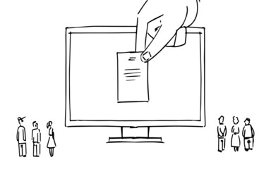in this storyboard is a monitor on which is drawn a folder that is held by one hand, people sit in parts and look at the screen,storyboard. - 364478856