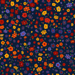 Vector seamless pattern with small scattered flowers on black. Liberty style wallpapers. Elegant floral background. Simple ditsy texture. Repeatable design for decor, textile, fabric, fashion print