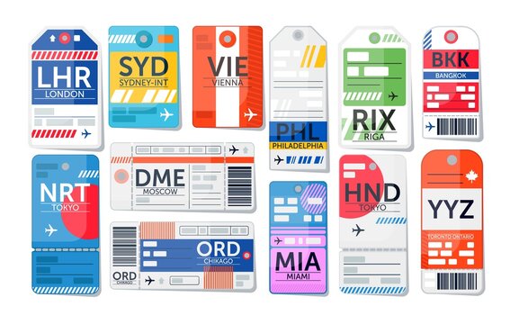Luggage tag set. Isolated airport baggage ticket label icon collection. Travel luggage paper tags with text. Vector vacation destination concept illustration