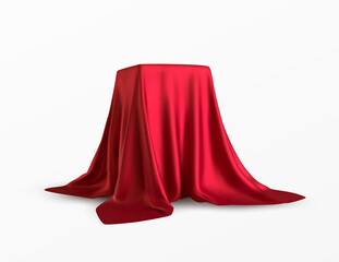 Realistic box covered with red silk cloth. Isolated on white background. Satin fabric wave texture material. Textile design, fabric. Vector illustration