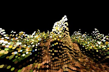 Gold confetti, shiny round in 3d space, 3d surface render, golden and silver particles