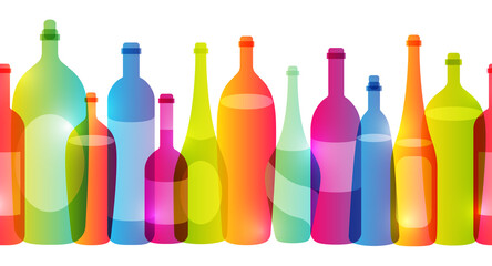 Seamless border with color wine bottles silhouettes isolated on white background - for drinks menu design