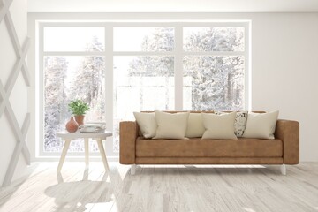 White room with sofa and winter landscape in window. Scandinavian interior design. Trend of the year 2019. 3D illustration