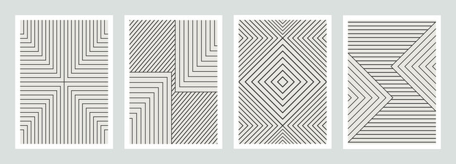 Geometric minimal prints set, mid century modern art, black white geometric stripes