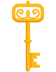 Golden vintage key. Antique key in cartoon style.