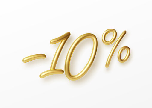 Realistic Golden Text 10 Percent Discount Number. Vector Illustration