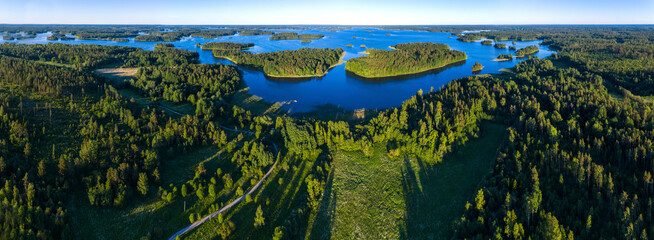 Panoramic aerial view of the forest of Karelia 